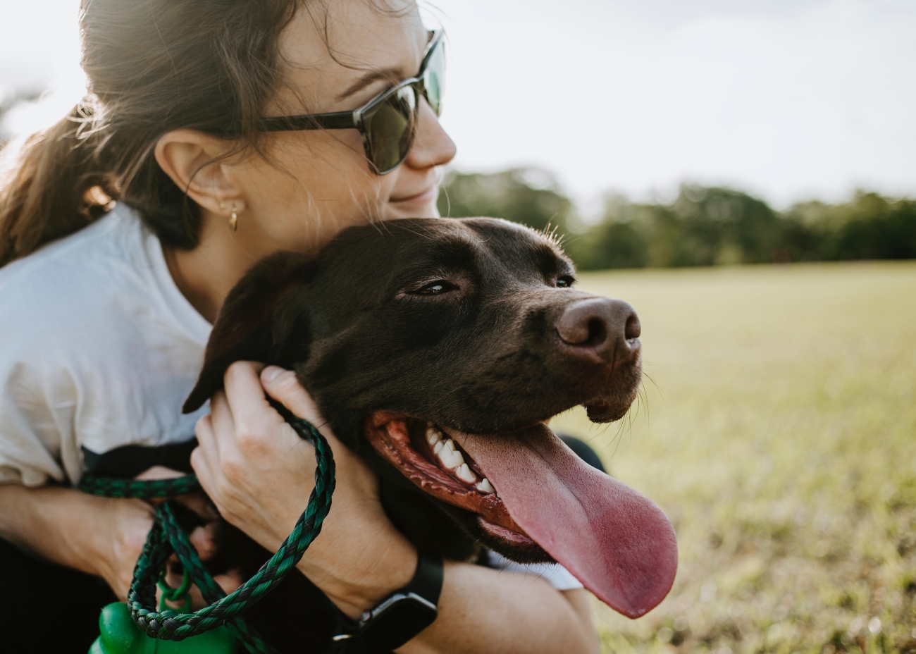 Owner cuddling dog