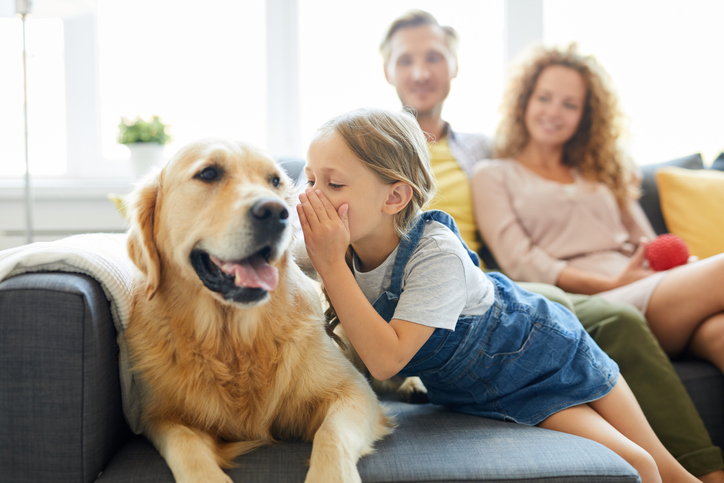 Child talking to dog